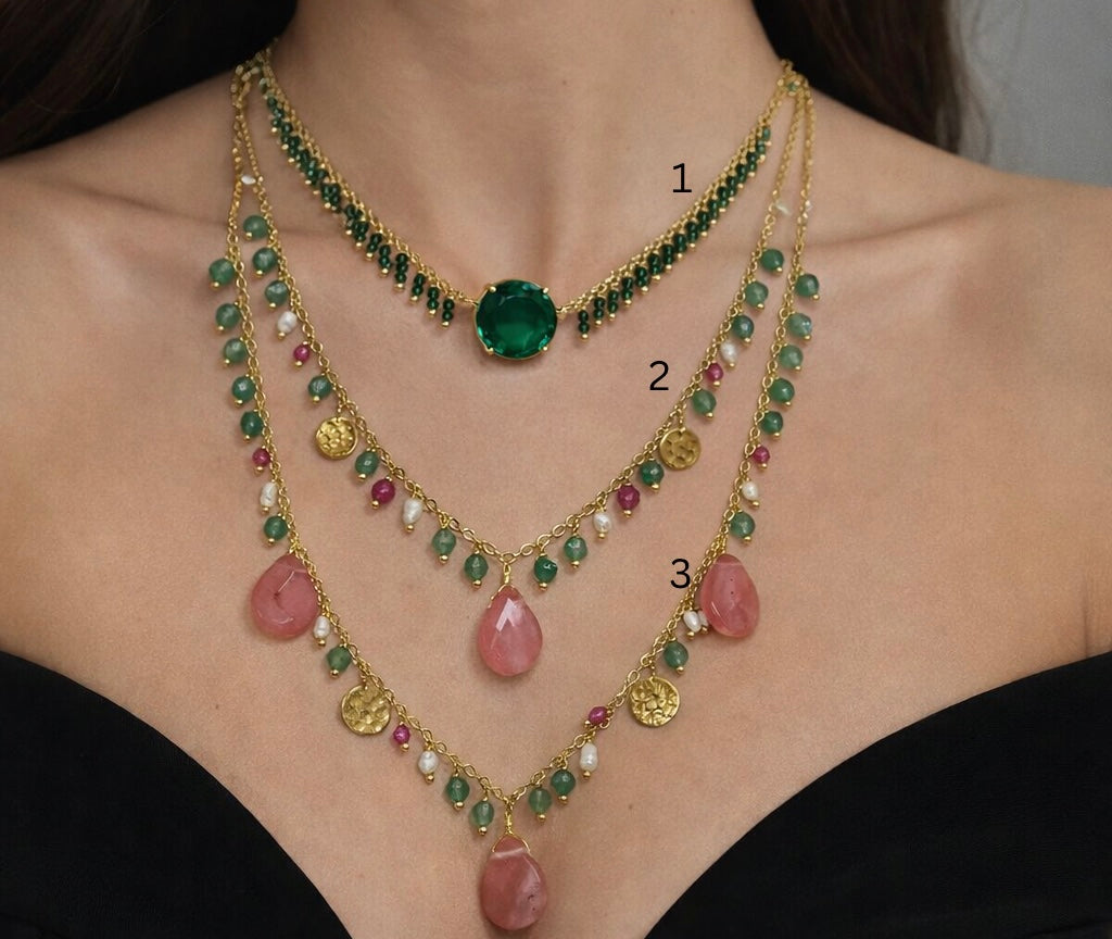 Silver Emerald & Rose Quartz Gold Layered Set