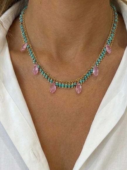Turquoise Bead Necklace with Pink Crystal Dangles