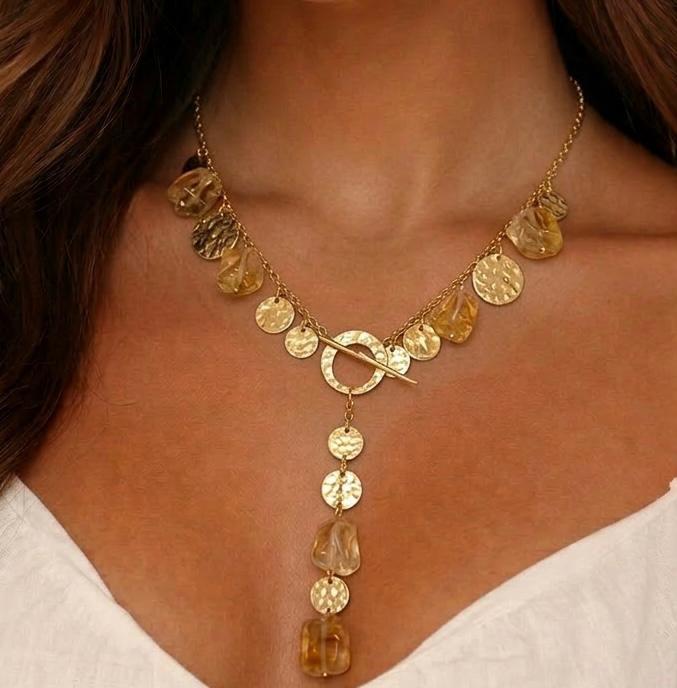 Gold Stone & Coin Drop Necklace