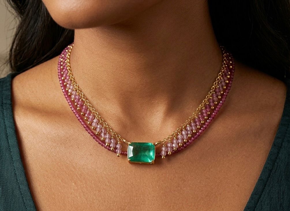 Rose Quartz & Ruby Accented Gold-Plated Silver Necklac