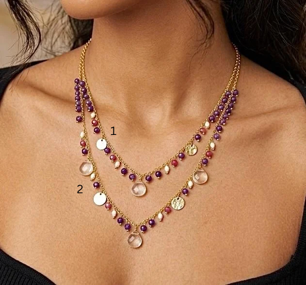 Silver Chains Plated With Gold, Featuring Amethyst, Red Jade, Moonstone & Pearls.
