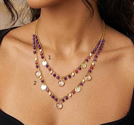 Silver Chains Plated With Gold, Featuring Amethyst, Red Jade, Moonstone & Pearls.