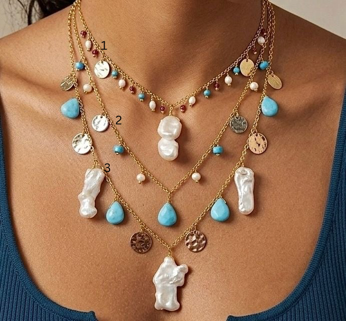 Layered Turquoise & Pearl Charm Necklace