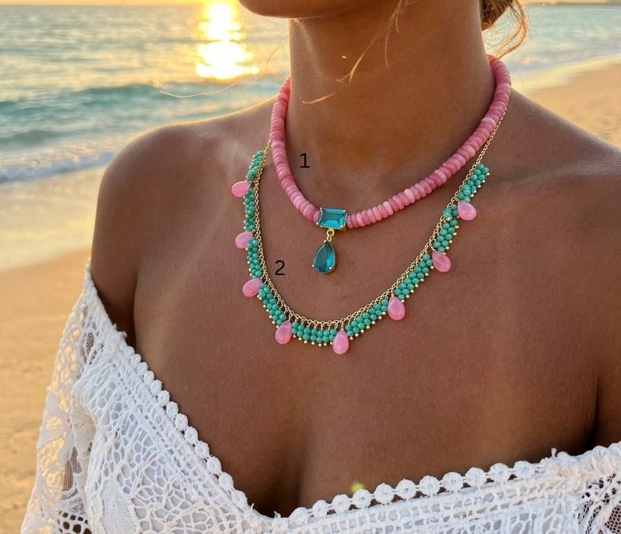 Candy Coast Layers Pink Beads & Turquoise Drop Necklace