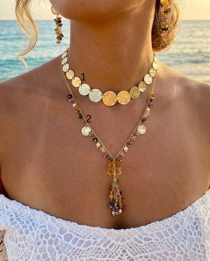 Golden Shore Layers Coin Choker & Sunset Charm Necklace