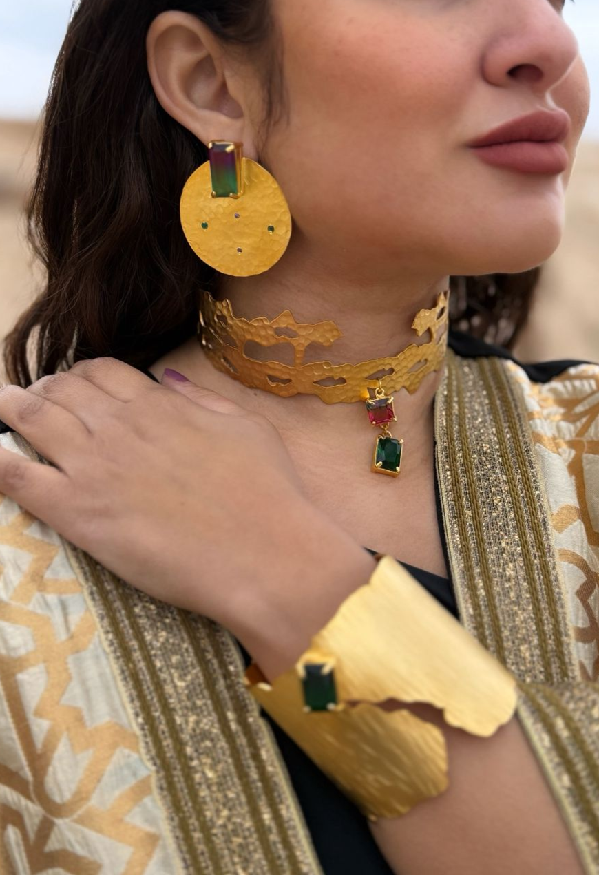 Modern Elegance Matte Gold Plated Brass Choker with Gem Details