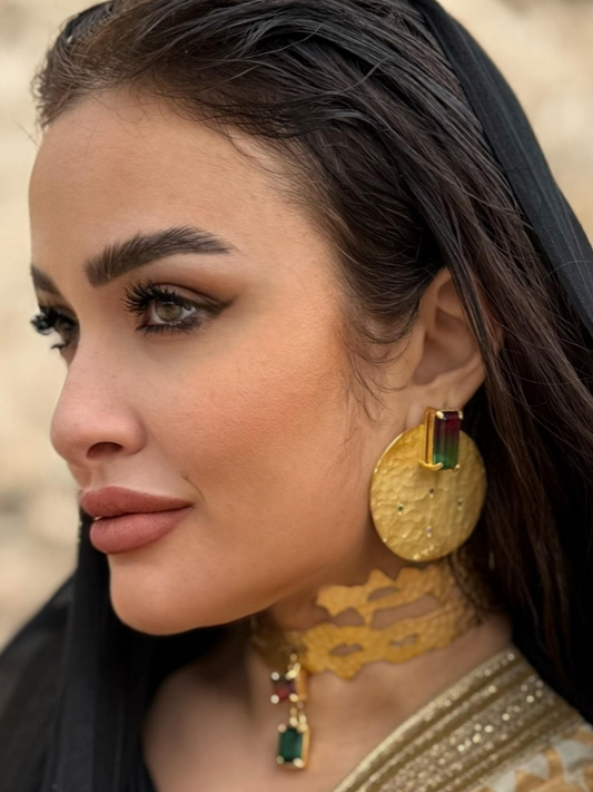 Matte Gold-Plated Brass Earrings with Stones