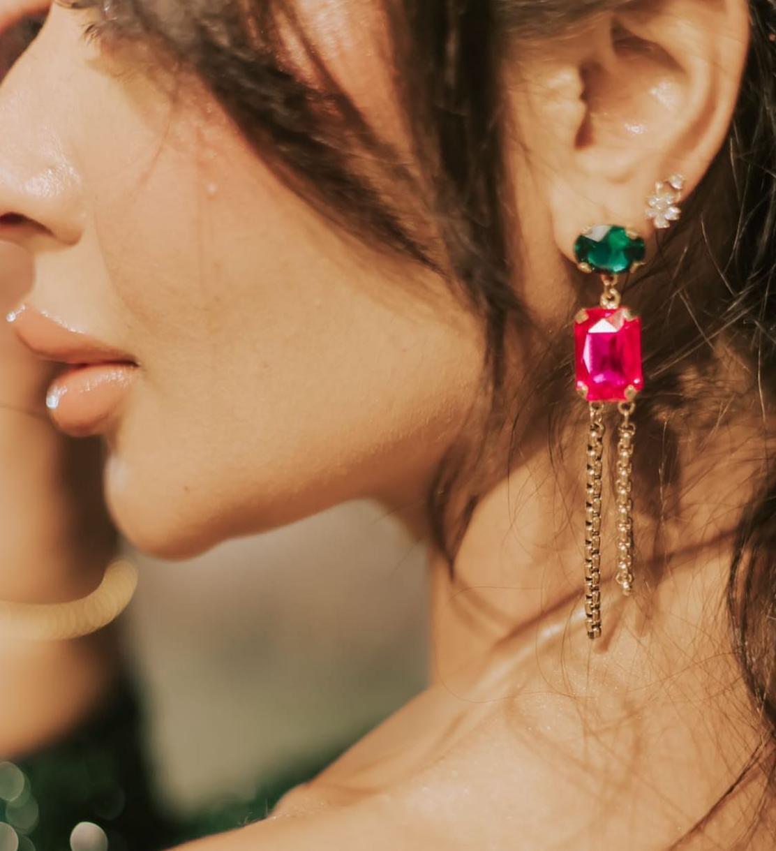 Gold-Plated Brass Earrings with Colorful Stones