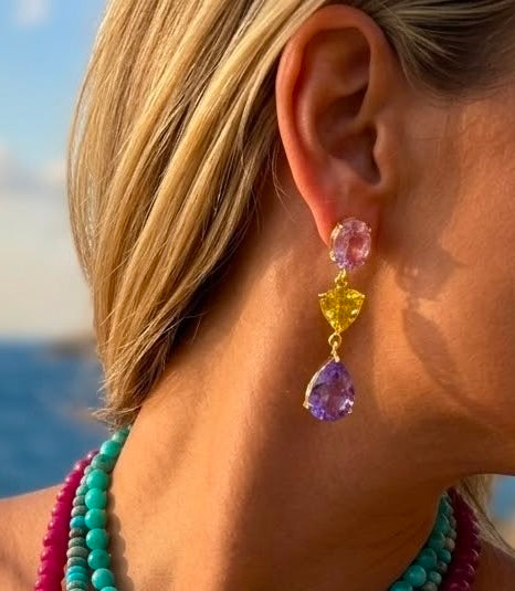 Gold-Plated Multi-Gemstone Drop Earrings | Rose Quartz, Citrine & Amethyst