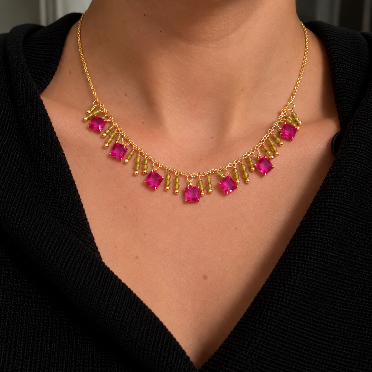 Pink & Yellow Gemstone Fringe Necklace
