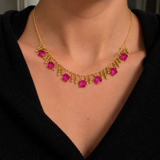 Pink & Yellow Gemstone Fringe Necklace
