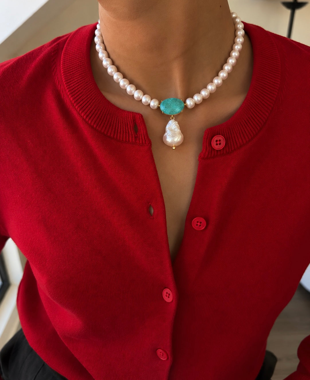 Handcrafted Pearl and Emerald-Green Stone Statement Necklace