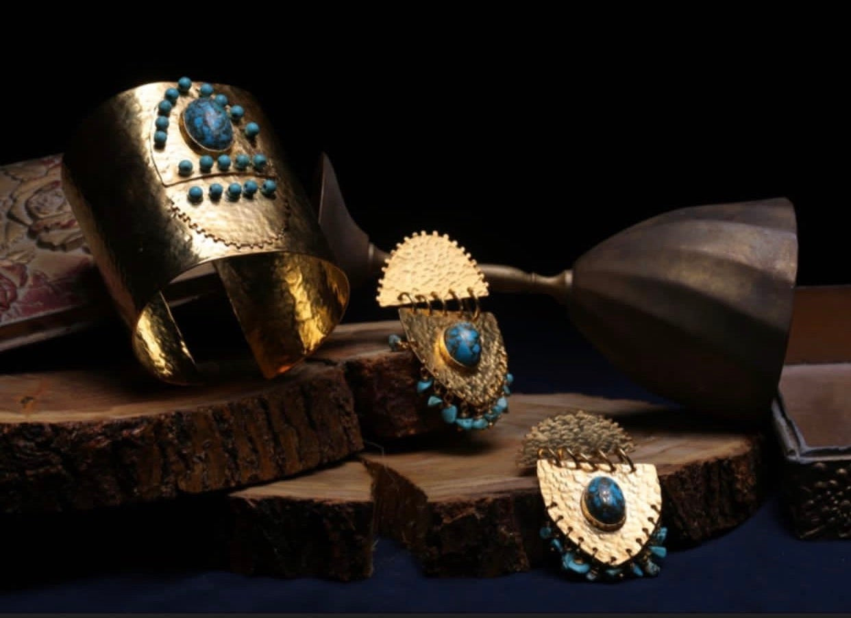 Brass Bracelet Plated in Gold with Treated Turquoise