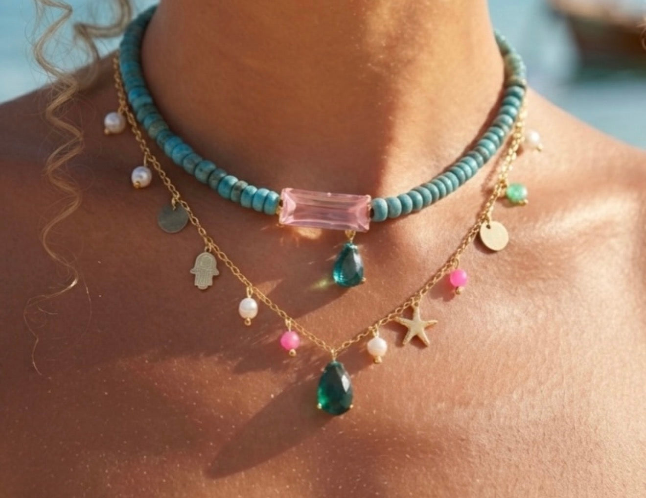 The Azure Turquoise & Rose Quartz Charm Set