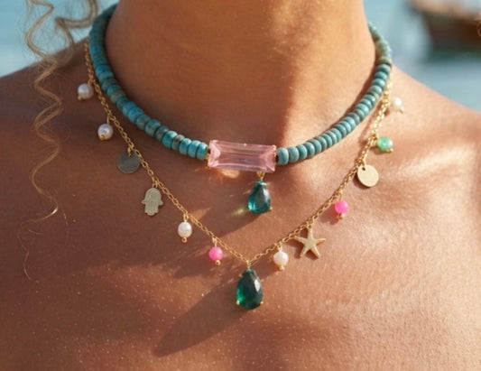The Azure Turquoise & Rose Quartz Charm Set