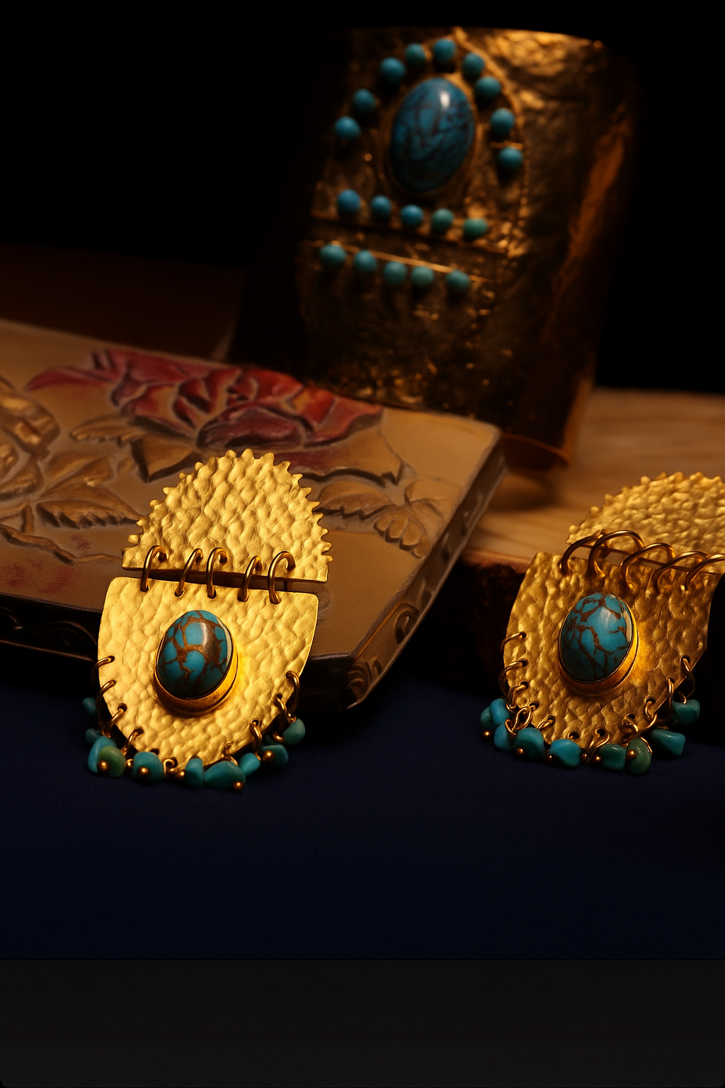 Brass Bracelet Plated in Gold with Treated Turquoise