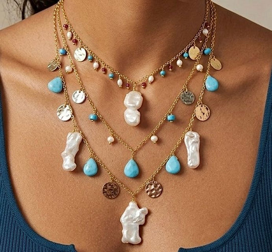 Layered Turquoise & Pearl Charm Necklace