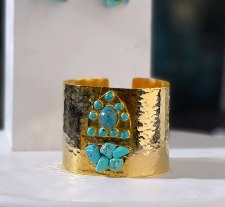 Brass Bracelet Plated in Gold with Treated Turquoise