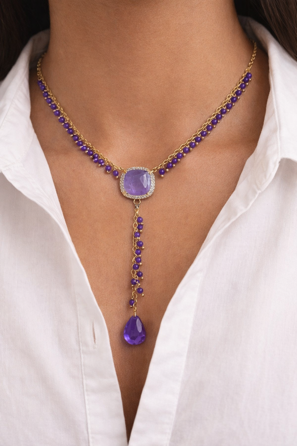 Amethyst & Gold Y-Drop Statement Necklace