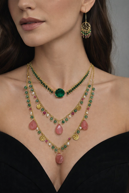 Silver Emerald & Rose Quartz Gold Layered Set