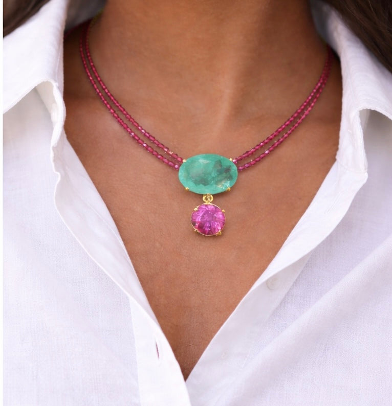 Emerald-Cut Green & Pink Tourmaline Double-Strand Necklace
