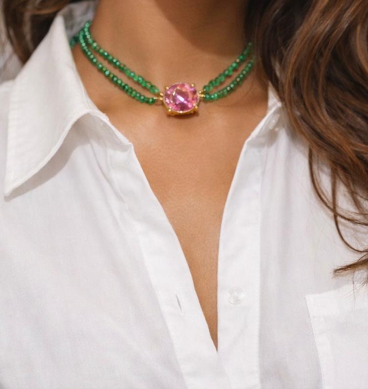 Emerald Green & Pink Gemstone Choker