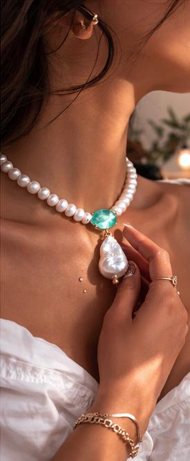 Handcrafted Pearl and Emerald-Green Stone Statement Necklace