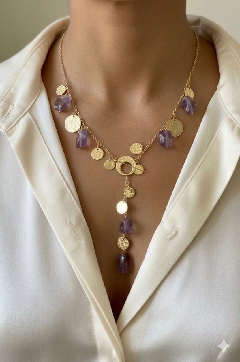 Purple Stone & Coin Drop Necklace