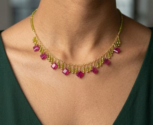 Pink & Yellow Gemstone Fringe Necklace
