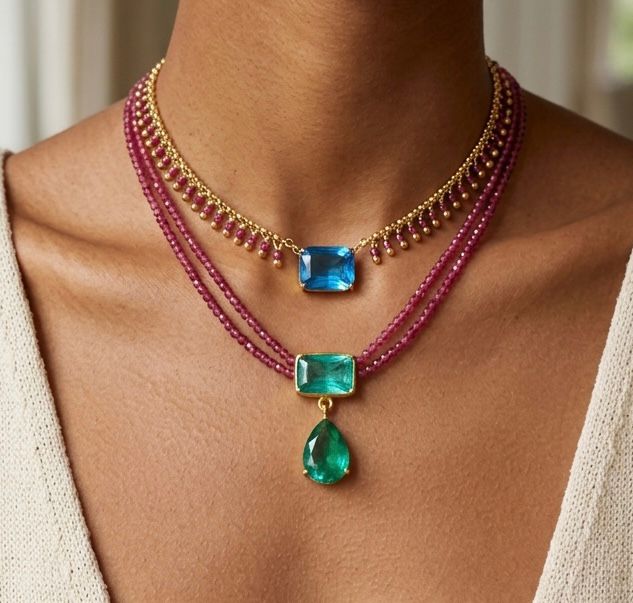 Gold-Plated Silver Chains with Blue Topaz & Ruby