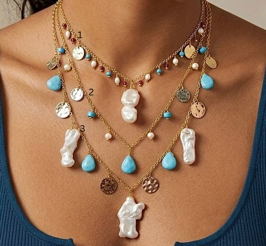 Layered Turquoise & Pearl Charm Necklace