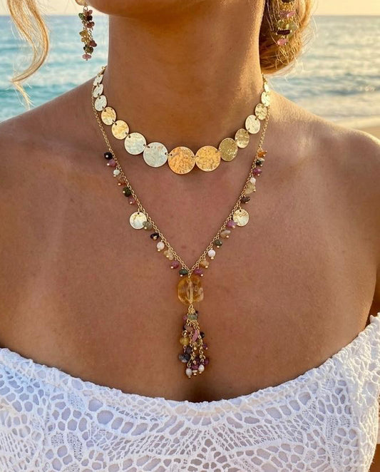 Golden Shore Layers Coin Choker & Sunset Charm Necklace