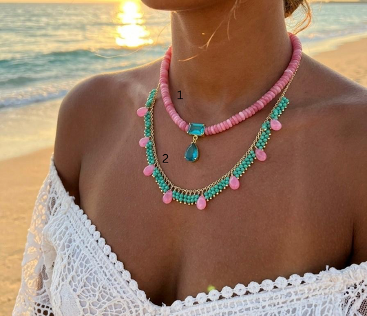 Candy Coast Layers Pink Beads & Turquoise Drop Necklace