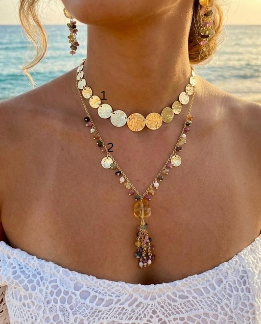 Golden Shore Layers Coin Choker & Sunset Charm Necklace