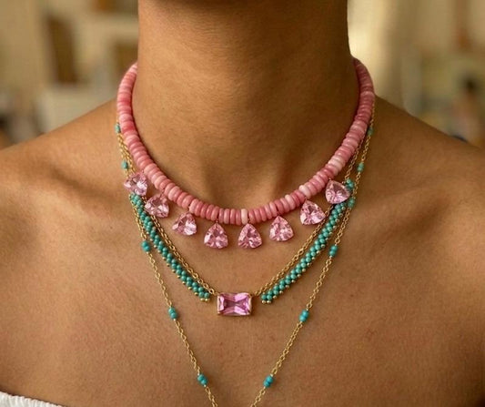 Blush Layers: Pink Crystal & Turquoise Necklace Set