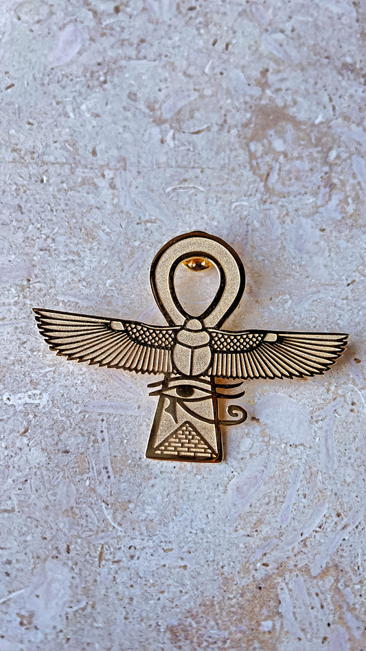Symbols of Ancient Egypt Gold-Plated Pharaonic Brooch with Ankh, Eye of Horus & Winged Scarab