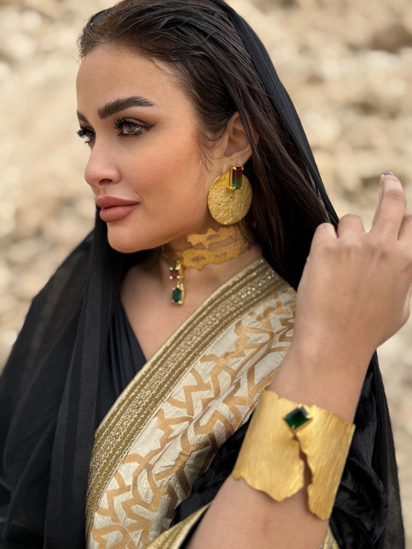 Modern Elegance Matte Gold Plated Brass Choker with Gem Details