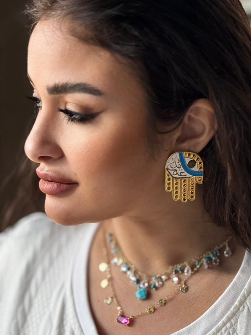 Arabic Calligraphy Earrings in  Gold-Plated Brass with Blue Enamel