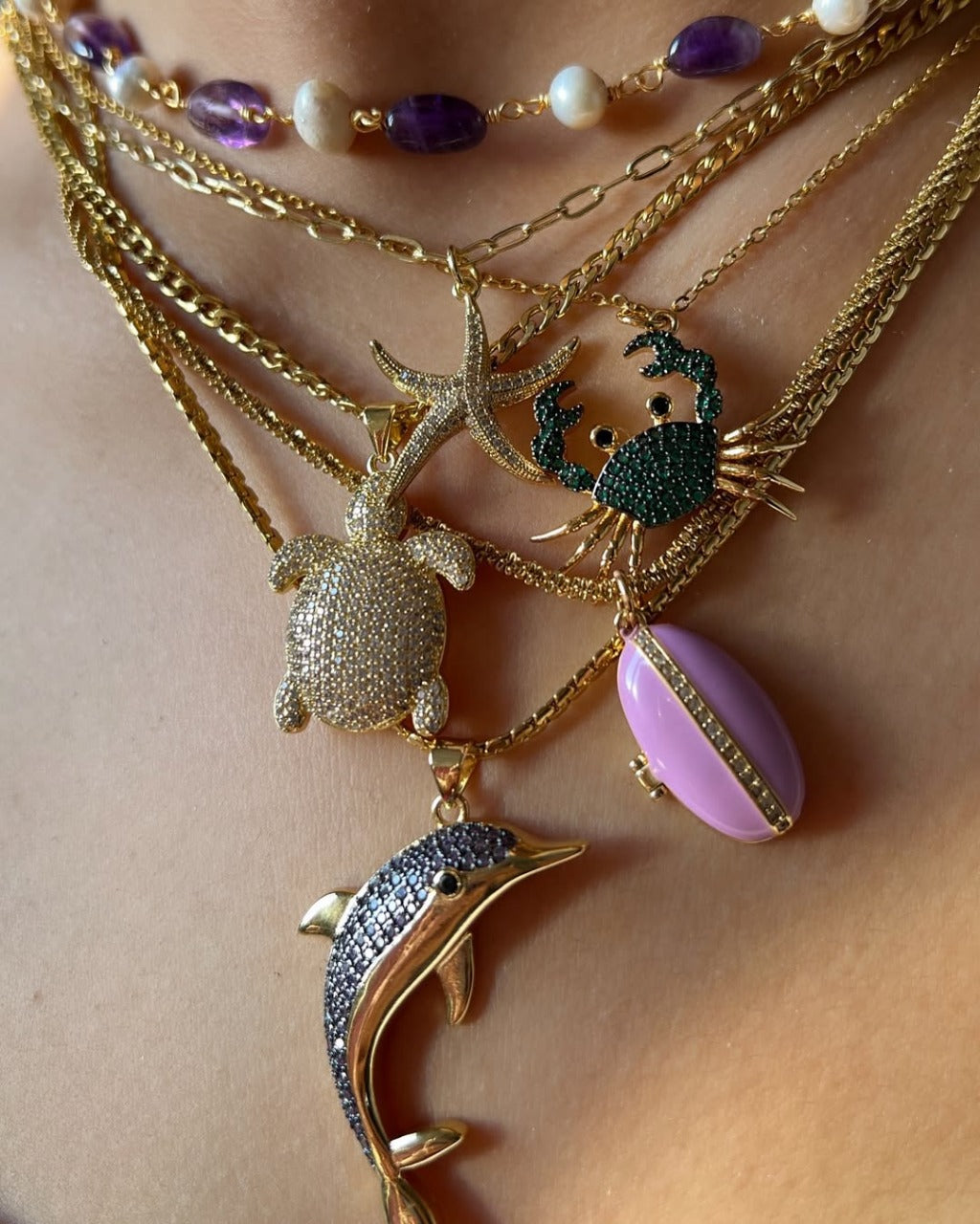 Gold Plated Sea Life Stacking Necklaces