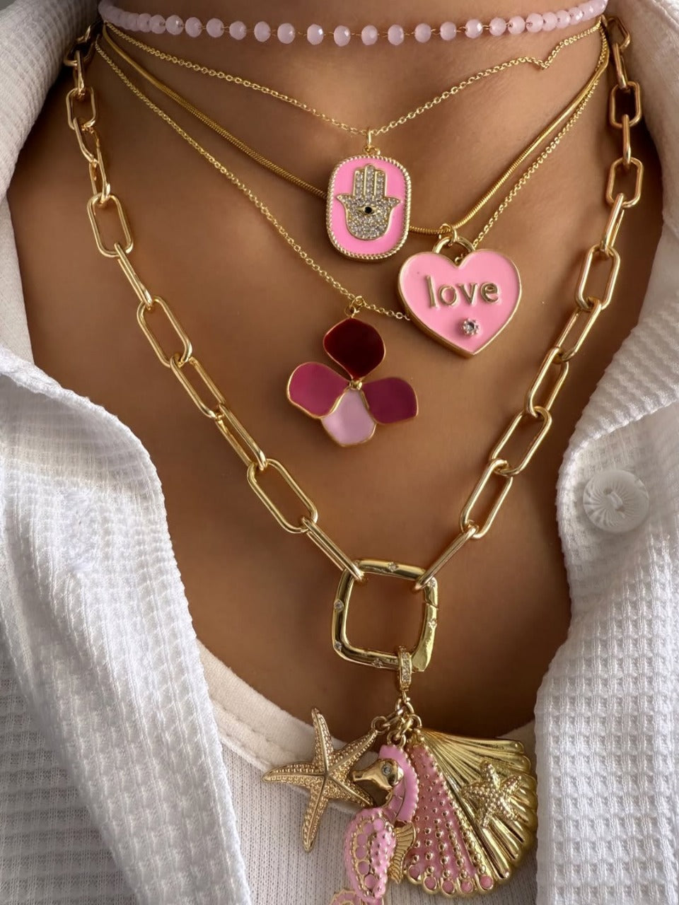 Pink Enamel Gold-Plated Layered Necklace Set