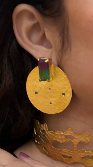 Matte Gold-Plated Brass Earrings with Stones
