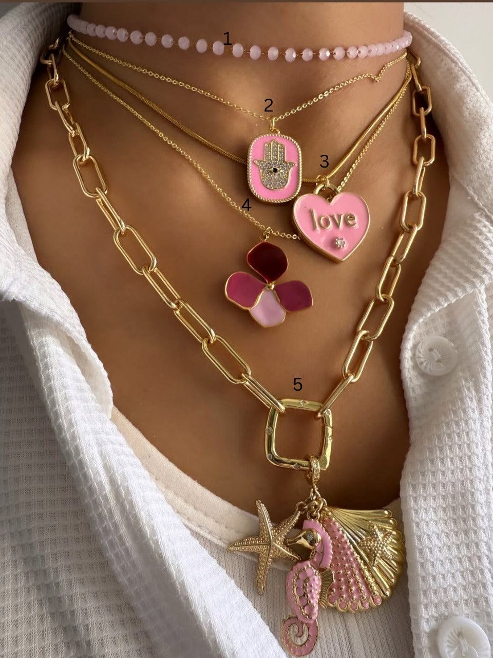 Pink Enamel Gold-Plated Layered Necklace Set